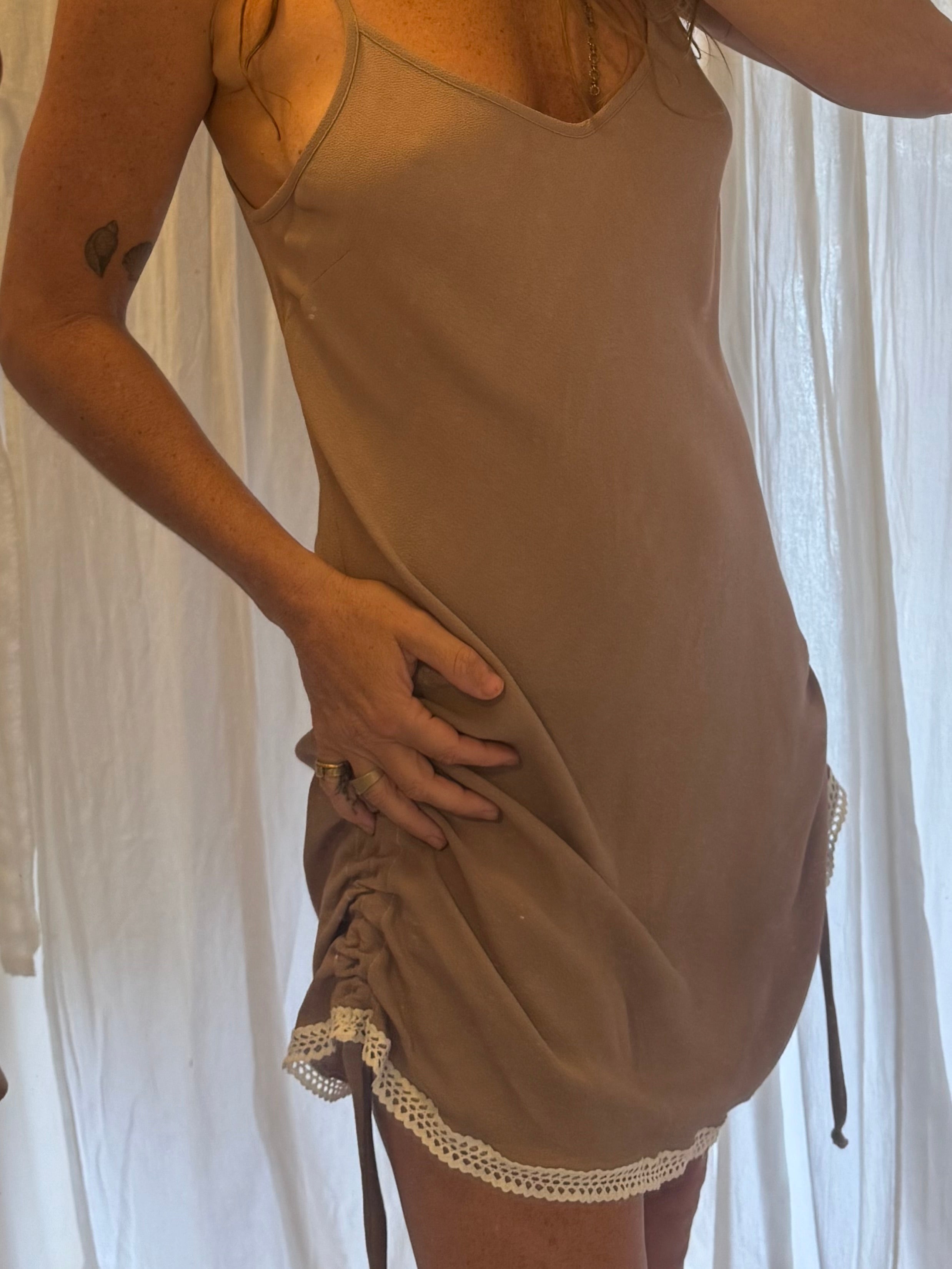 re[WORKED] SIDE SHIRRED MINI DRESS WITH COTTON LACE FINISH