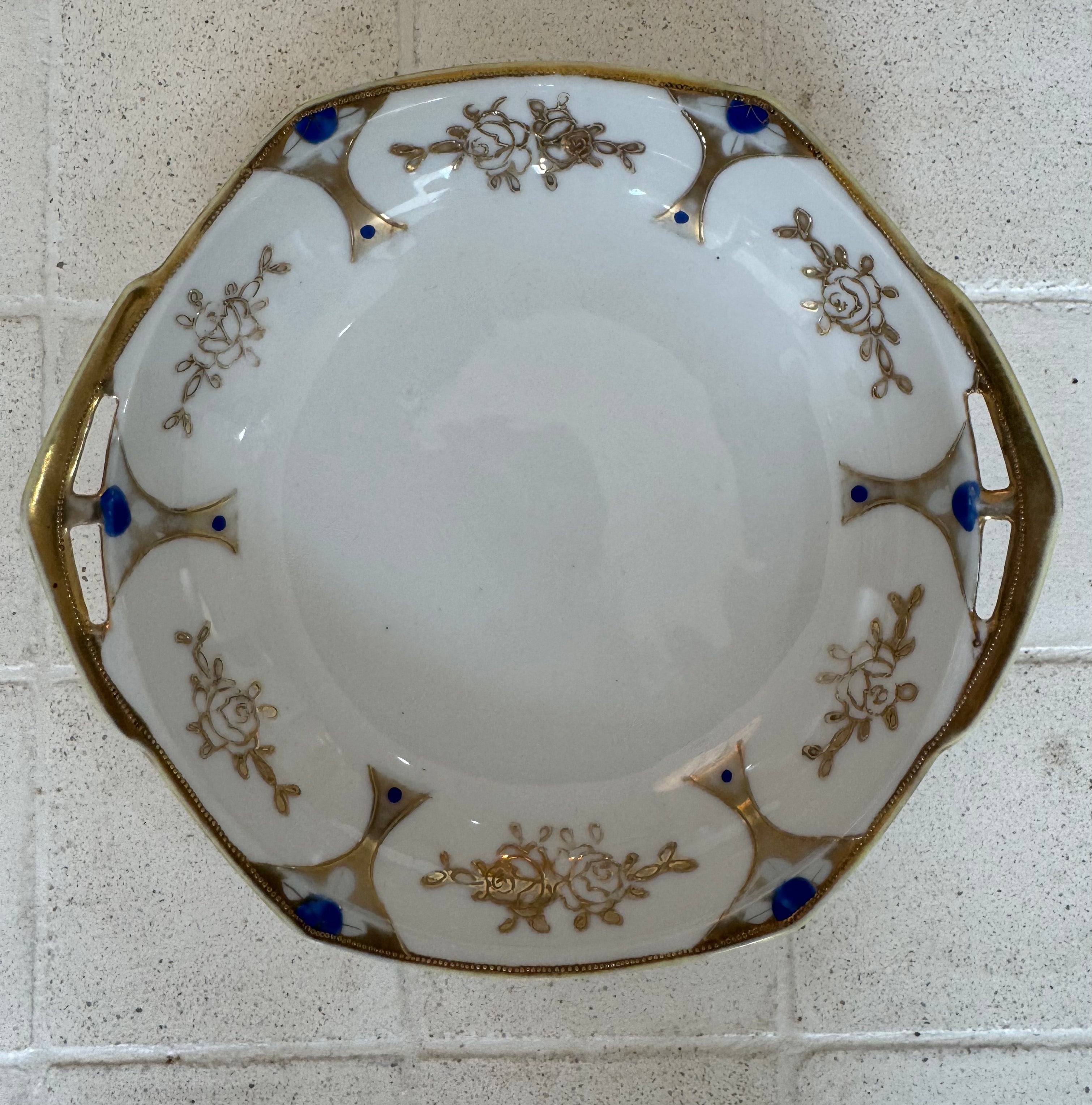 VINTAGE WHITE CERAMIC DISH GOLD / BLUE DETAILS