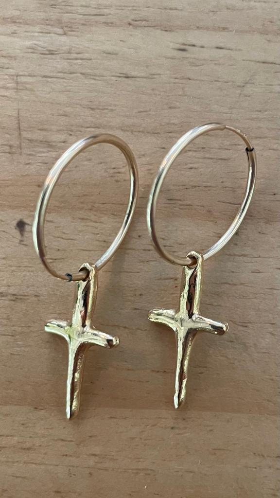 BRITT BOLTON LARGE HOOP GOLD CROSS EARRINGS