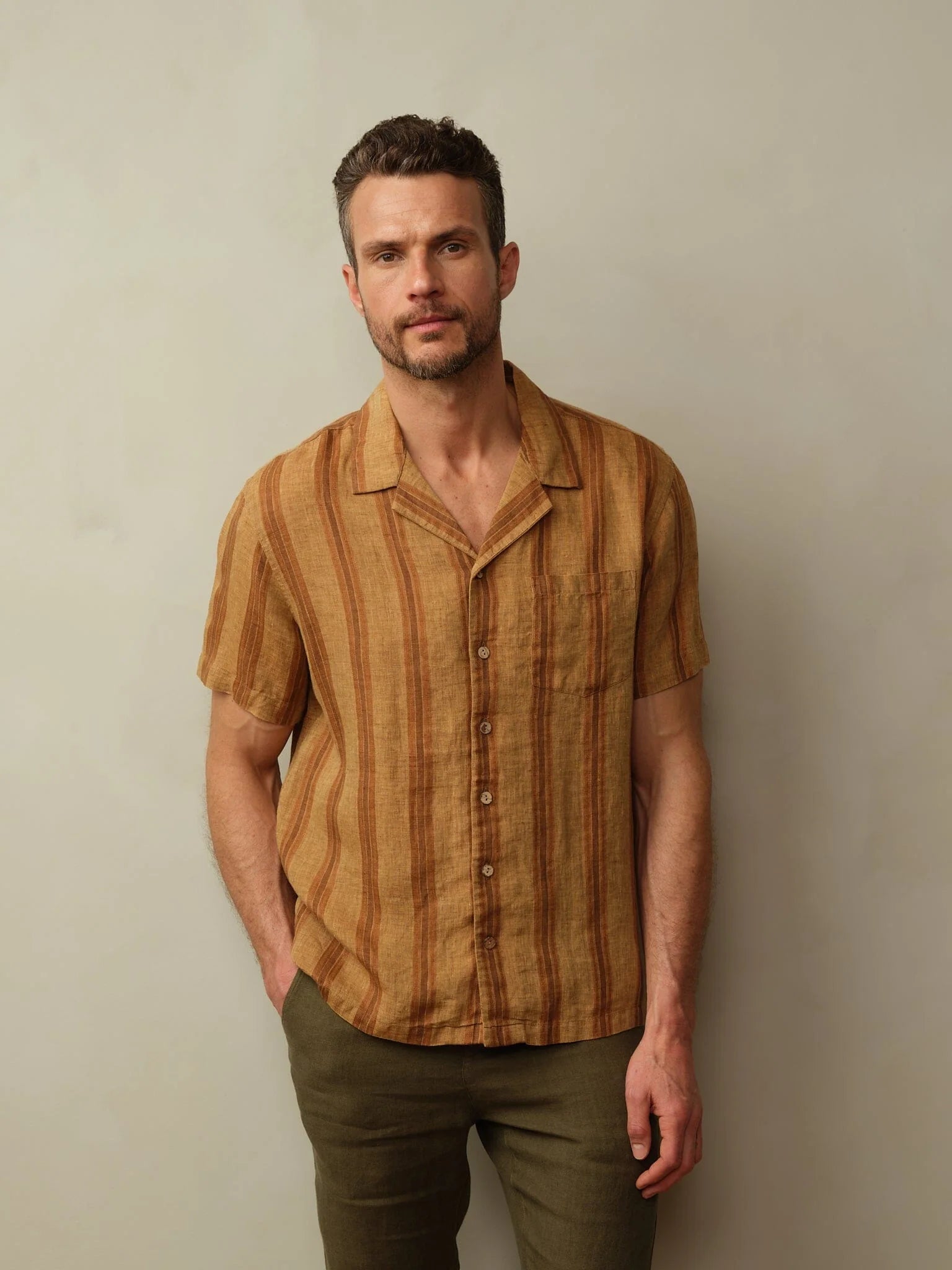 ROAD TO NOWHERE / MEN'S FEZ CAMP COLLAR LINEN STRIPE